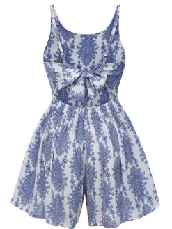 Best Retro Stage 1950s Strap Print Backless Romper Blue