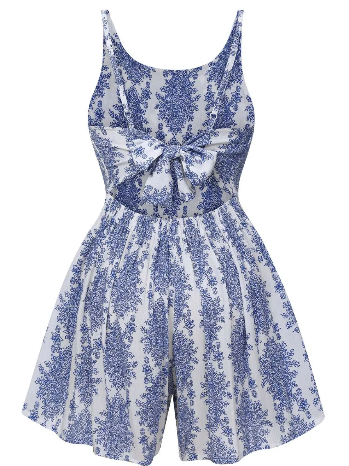 Best Retro Stage 1950s Strap Print Backless Romper Blue