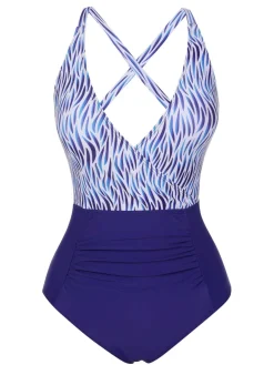 Best Retro Stage 1930s Strap Stripes Patchwork One-Piece Swimsuit Blue
