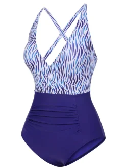 Best Retro Stage 1930s Strap Stripes Patchwork One-Piece Swimsuit Blue
