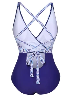 Best Retro Stage 1930s Strap Stripes Patchwork One-Piece Swimsuit Blue