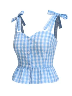 Best Retro Stage 1960s Straps Plaid Ruffled Hem Tops Blue