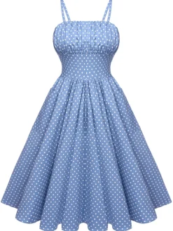 Hot Retro Stage 1950s Straps Pocket Swing Dress Blue