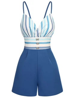 Discount Retro Stage 1950s Stripe Back Strap Romper Blue