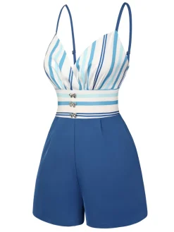 Discount Retro Stage 1950s Stripe Back Strap Romper Blue