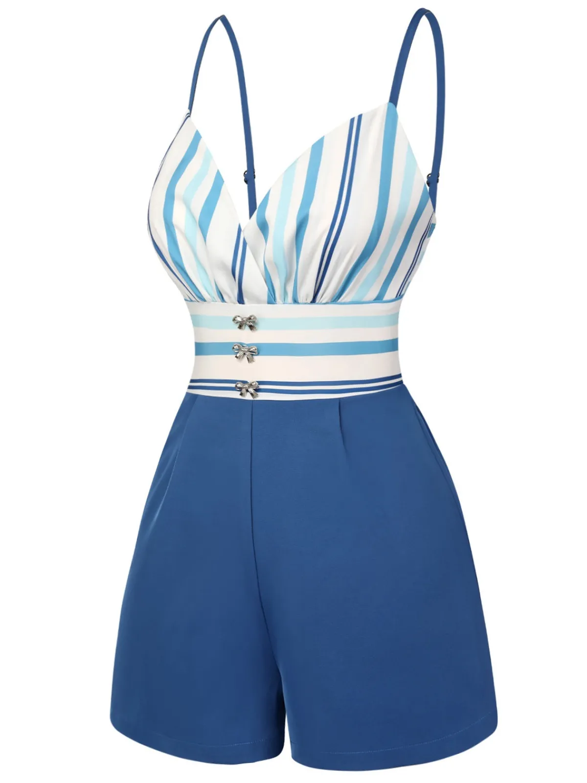 Discount Retro Stage 1950s Stripe Back Strap Romper Blue