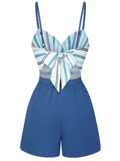Discount Retro Stage 1950s Stripe Back Strap Romper Blue