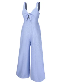Online Retro Stage 1930s Stripe Cutout Wide Strap Jumpsuit Blue