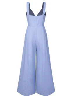 Online Retro Stage 1930s Stripe Cutout Wide Strap Jumpsuit Blue