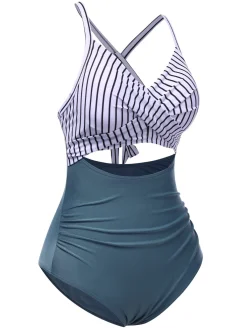 New Retro Stage Blue 1940s Stripe Patchwork Hollow One-Piece Swimsuit