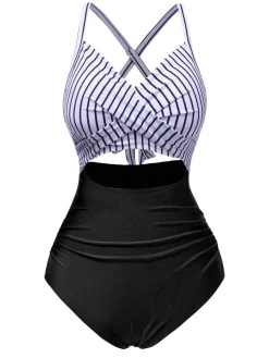 New Retro Stage Blue 1940s Stripe Patchwork Hollow One-Piece Swimsuit