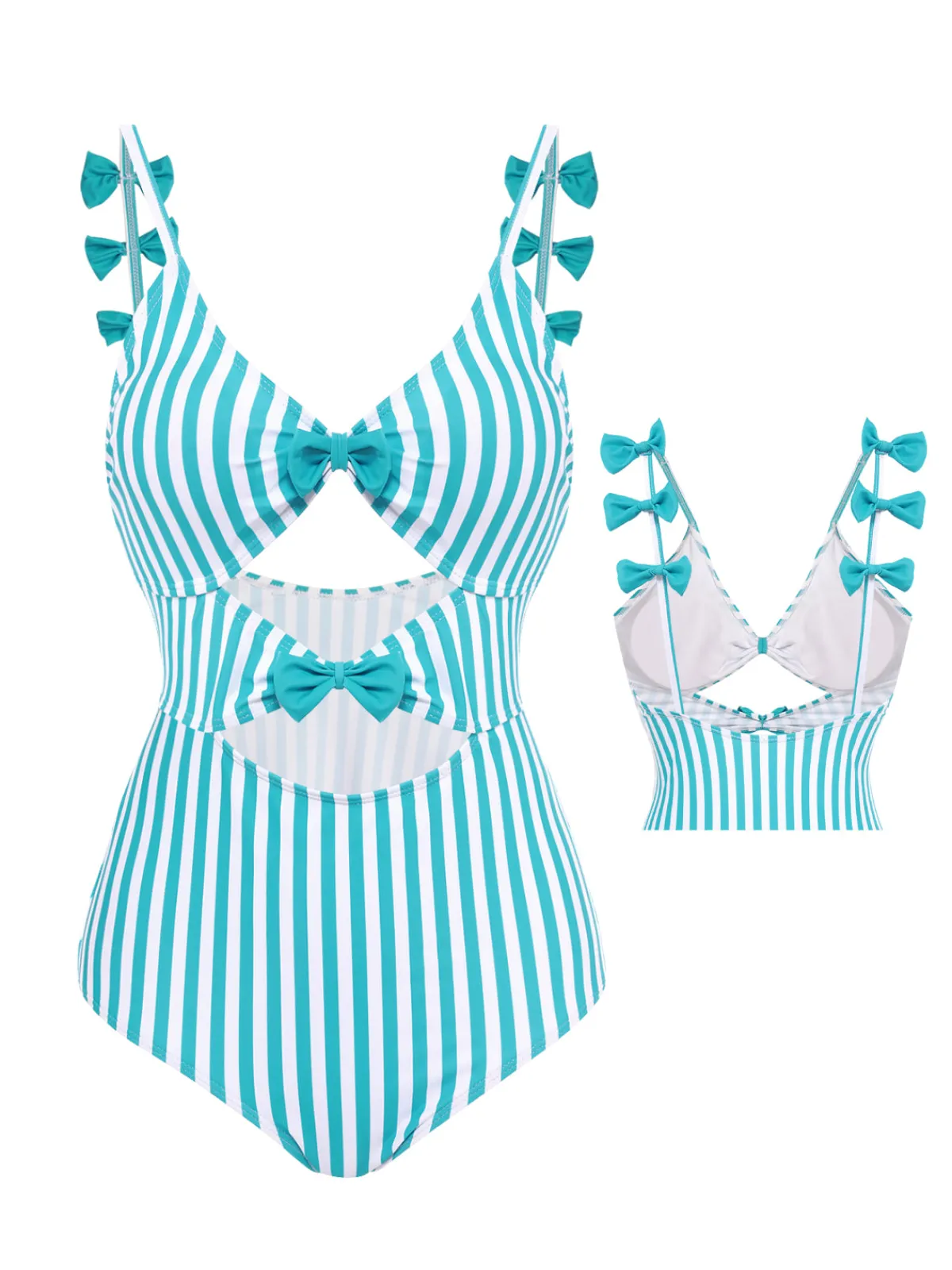 Fashion Retro Stage 1960s Stripe Strap Bow One-Piece Swimsuit Blue
