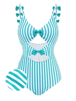 Fashion Retro Stage 1960s Stripe Strap Bow One-Piece Swimsuit Blue