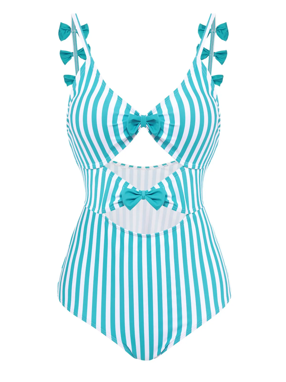 Fashion Retro Stage 1960s Stripe Strap Bow One-Piece Swimsuit Blue