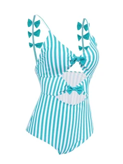 Fashion Retro Stage 1960s Stripe Strap Bow One-Piece Swimsuit Blue