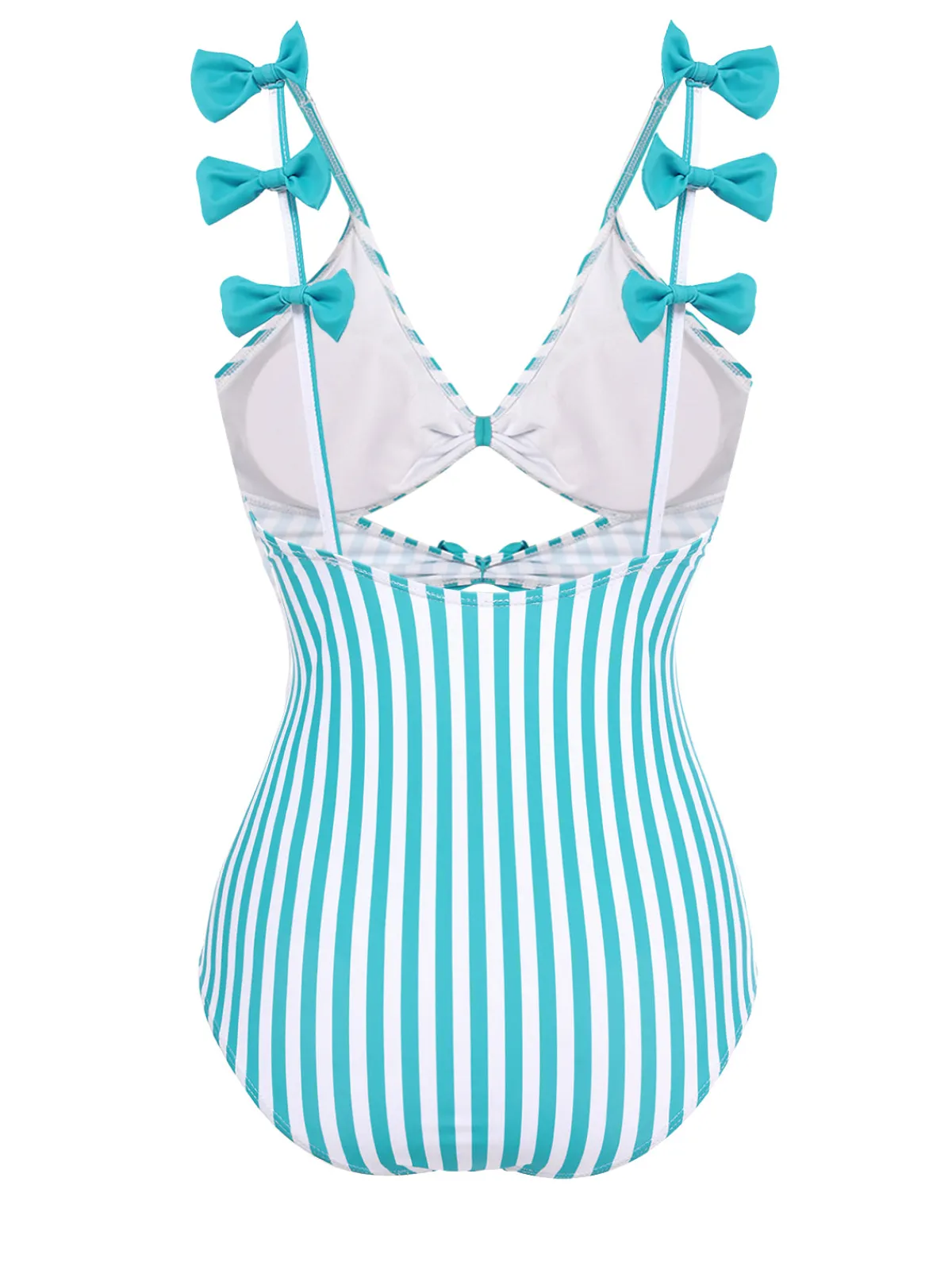 Fashion Retro Stage 1960s Stripe Strap Bow One-Piece Swimsuit Blue