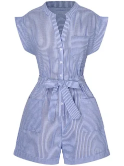 Fashion Retro Stage 1950s Striped Belt Pocket Romper Blue