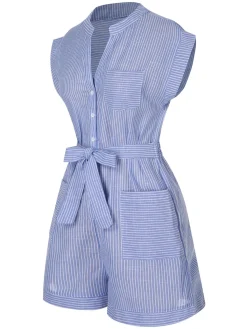 Fashion Retro Stage 1950s Striped Belt Pocket Romper Blue