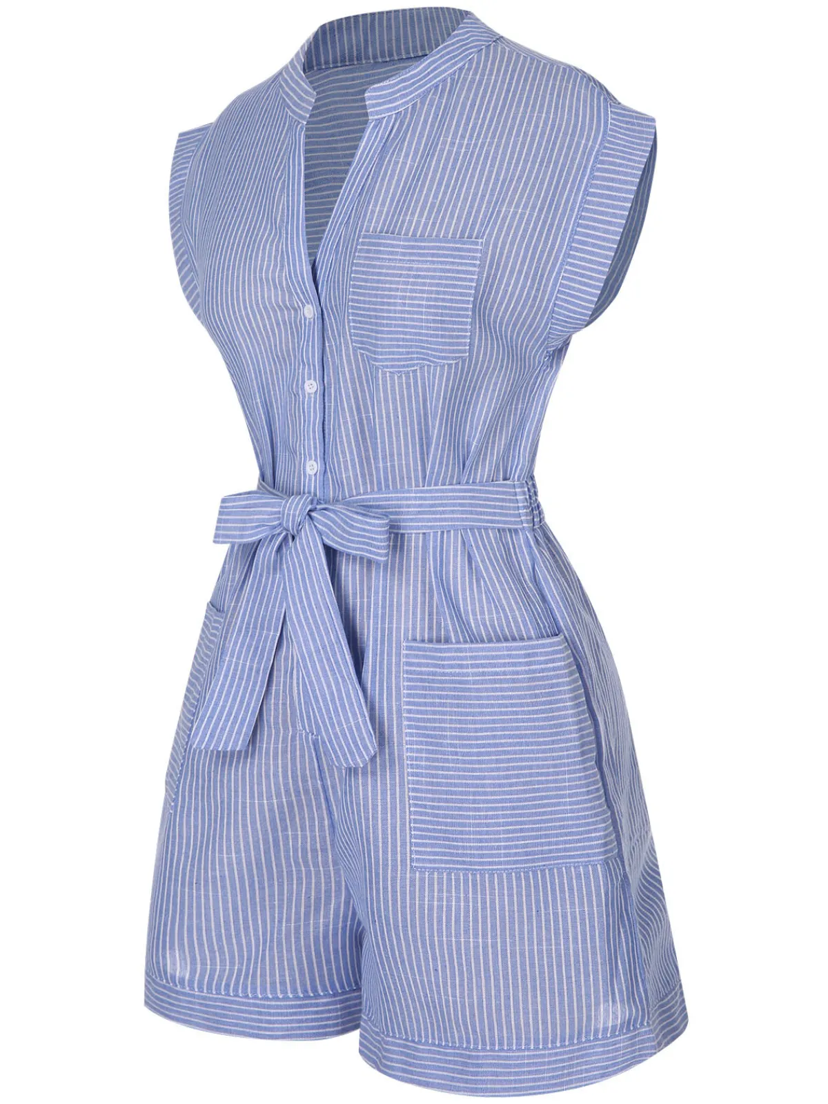 Fashion Retro Stage 1950s Striped Belt Pocket Romper Blue