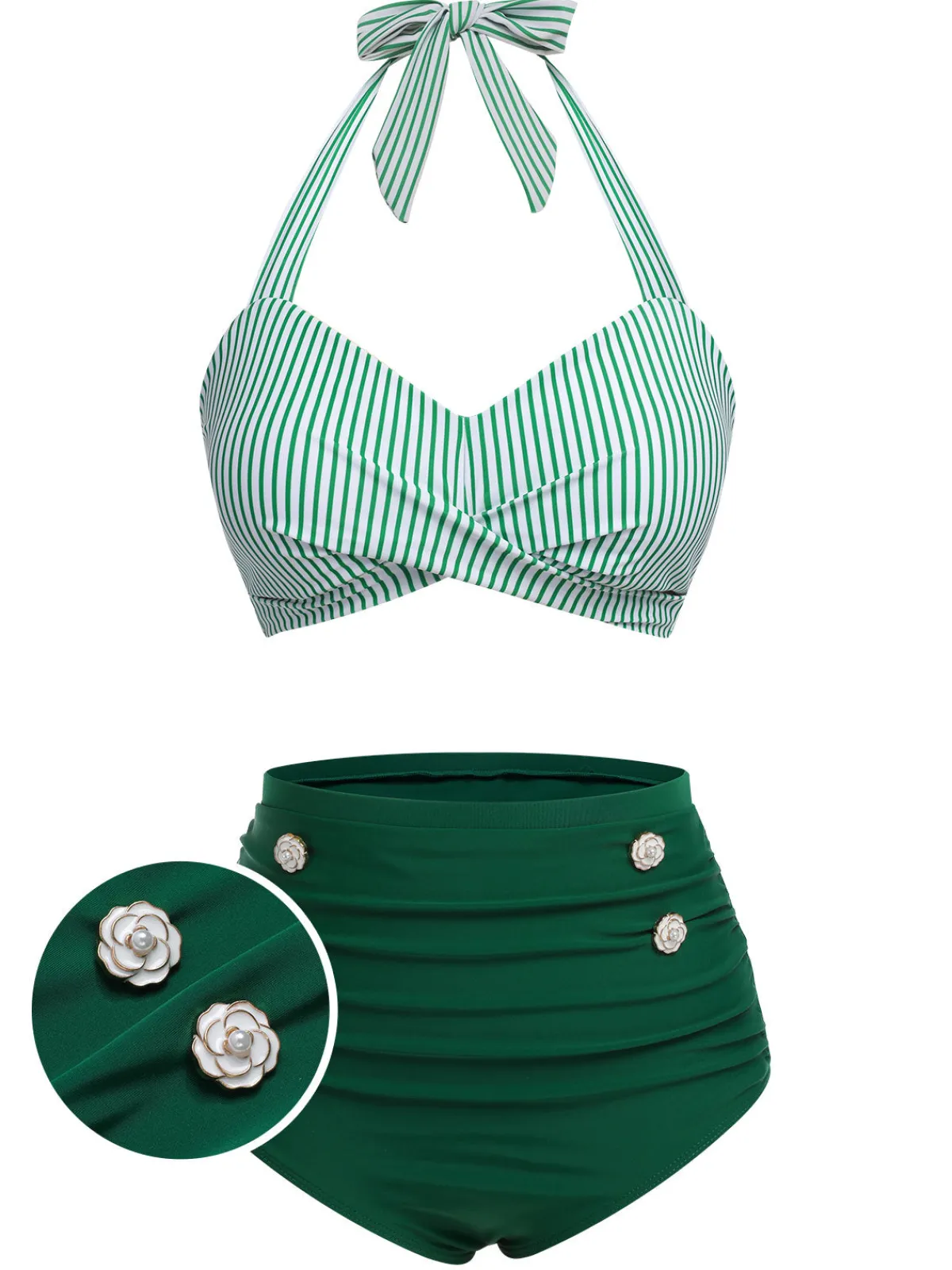 Outlet Retro Stage Blue 1940s Striped Halter Swimsuit Set