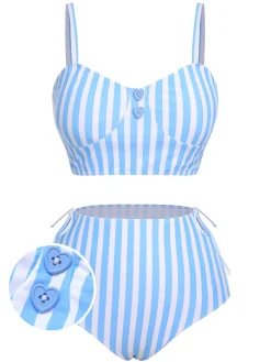 Outlet Retro Stage 1950s Striped Heart Button Swimsuit Blue