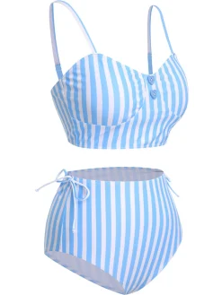 Outlet Retro Stage 1950s Striped Heart Button Swimsuit Blue