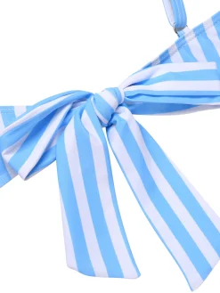 Outlet Retro Stage 1950s Striped Heart Button Swimsuit Blue