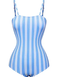Discount Retro Stage 1930s Striped One-Piece Swimsuit Blue