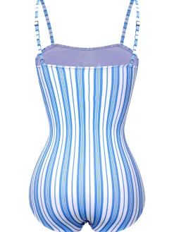 Discount Retro Stage 1930s Striped One-Piece Swimsuit Blue