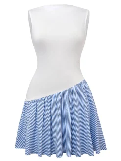 New Retro Stage Blue 1950s Striped Patchwork Pleated Dress Light Blue