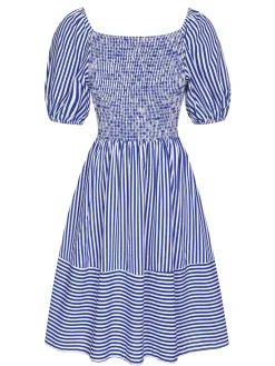 Best Retro Stage 1950s Striped Raglan Square Neck Smocked Dress Blue