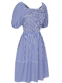 Best Retro Stage 1950s Striped Raglan Square Neck Smocked Dress Blue