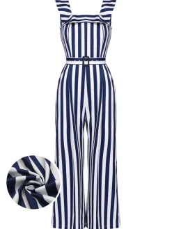 Online Retro Stage 1930s Striped Ruffle Jumpsuit Blue