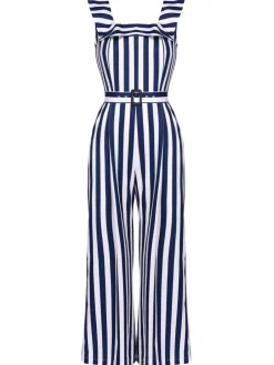 Online Retro Stage 1930s Striped Ruffle Jumpsuit Blue