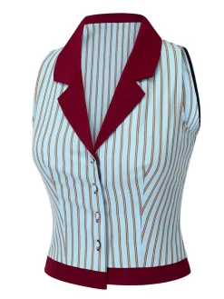 Outlet Retro Stage 1950s Stripes Patchwork Sleeveless Blouse Blue