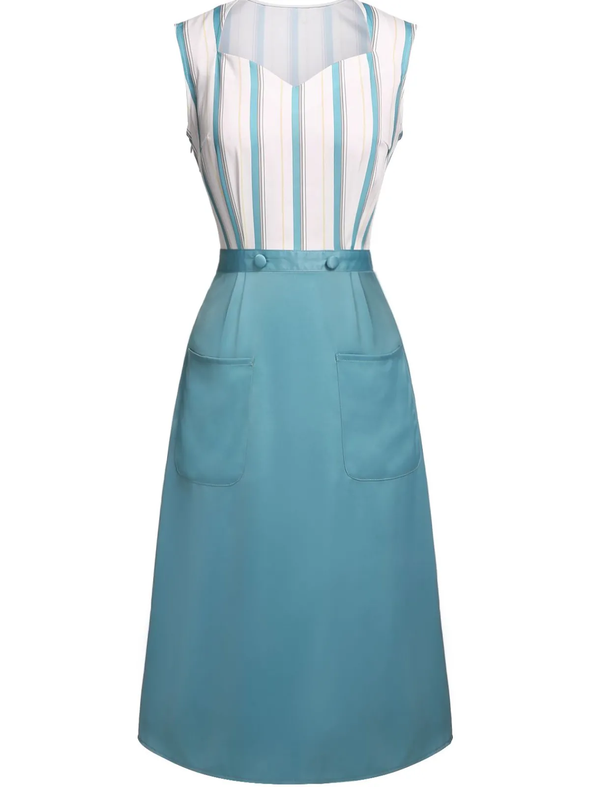 Sale Retro Stage Blue 1950s Stripes Patchwork Pocketed Dress Light Blue