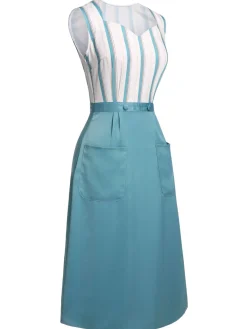Sale Retro Stage Blue 1950s Stripes Patchwork Pocketed Dress Light Blue