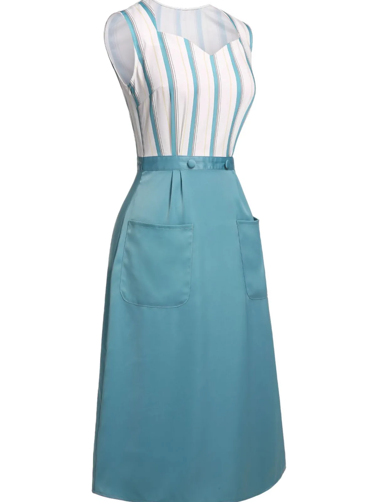 Sale Retro Stage Blue 1950s Stripes Patchwork Pocketed Dress Light Blue