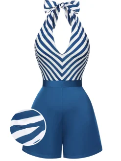 Online Retro Stage 1940s Symmetrical Stripe V-Neck Halter Romper Blue