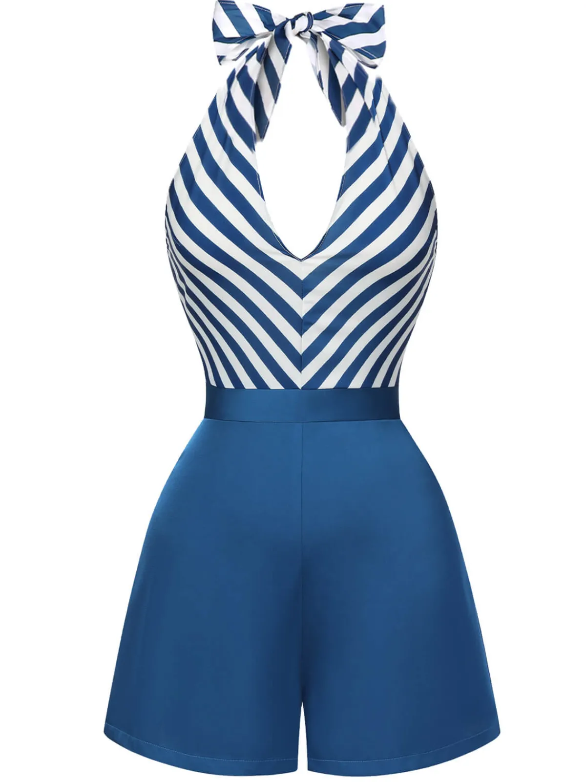 Online Retro Stage 1940s Symmetrical Stripe V-Neck Halter Romper Blue