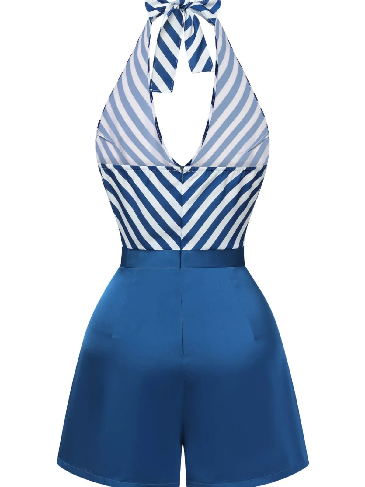 Online Retro Stage 1940s Symmetrical Stripe V-Neck Halter Romper Blue