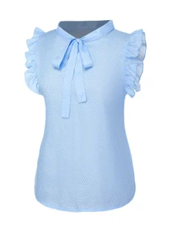 Online Retro Stage 1960s Tie Neck Polka Dots Ruffles Blouse Blue