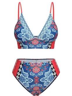 Outlet Retro Stage 1940s Tribal Print V-Neck Swimsuit Blue
