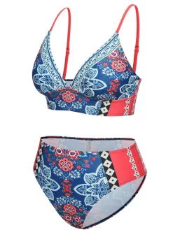 Outlet Retro Stage 1940s Tribal Print V-Neck Swimsuit Blue