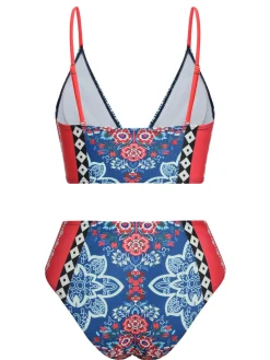 Outlet Retro Stage 1940s Tribal Print V-Neck Swimsuit Blue