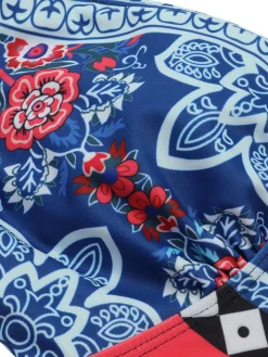 Outlet Retro Stage 1940s Tribal Print V-Neck Swimsuit Blue