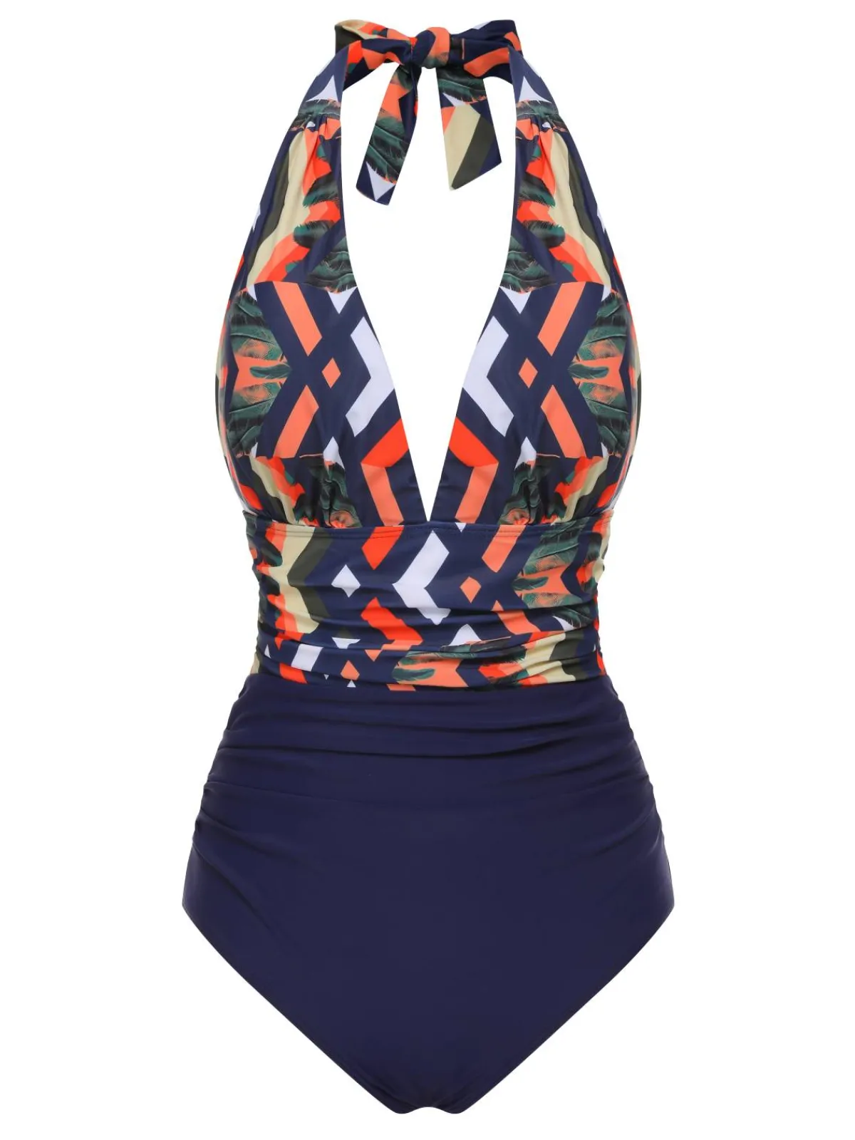Best Retro Stage 1940s Tropical Deep-V Halter Swimsuit Blue