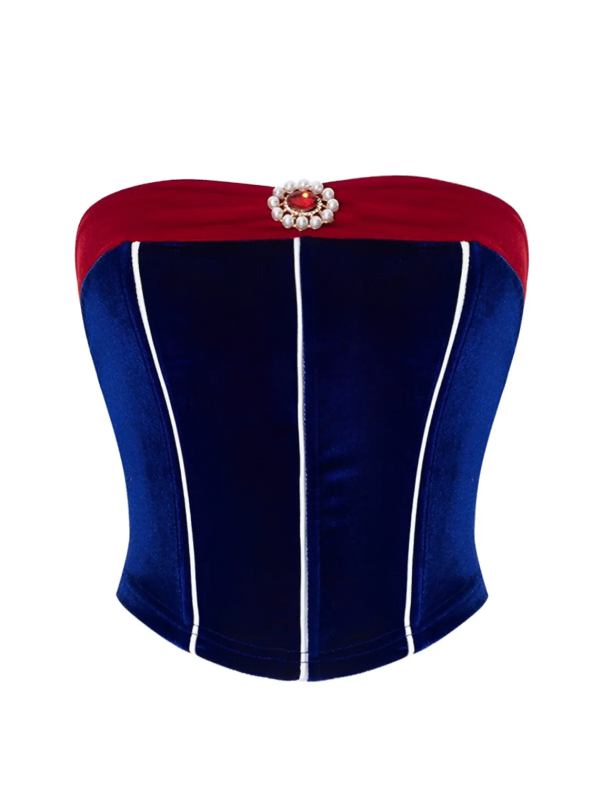 Online Retro Stage 1970s Velvet Herringbone Snow White Tube Top Blue