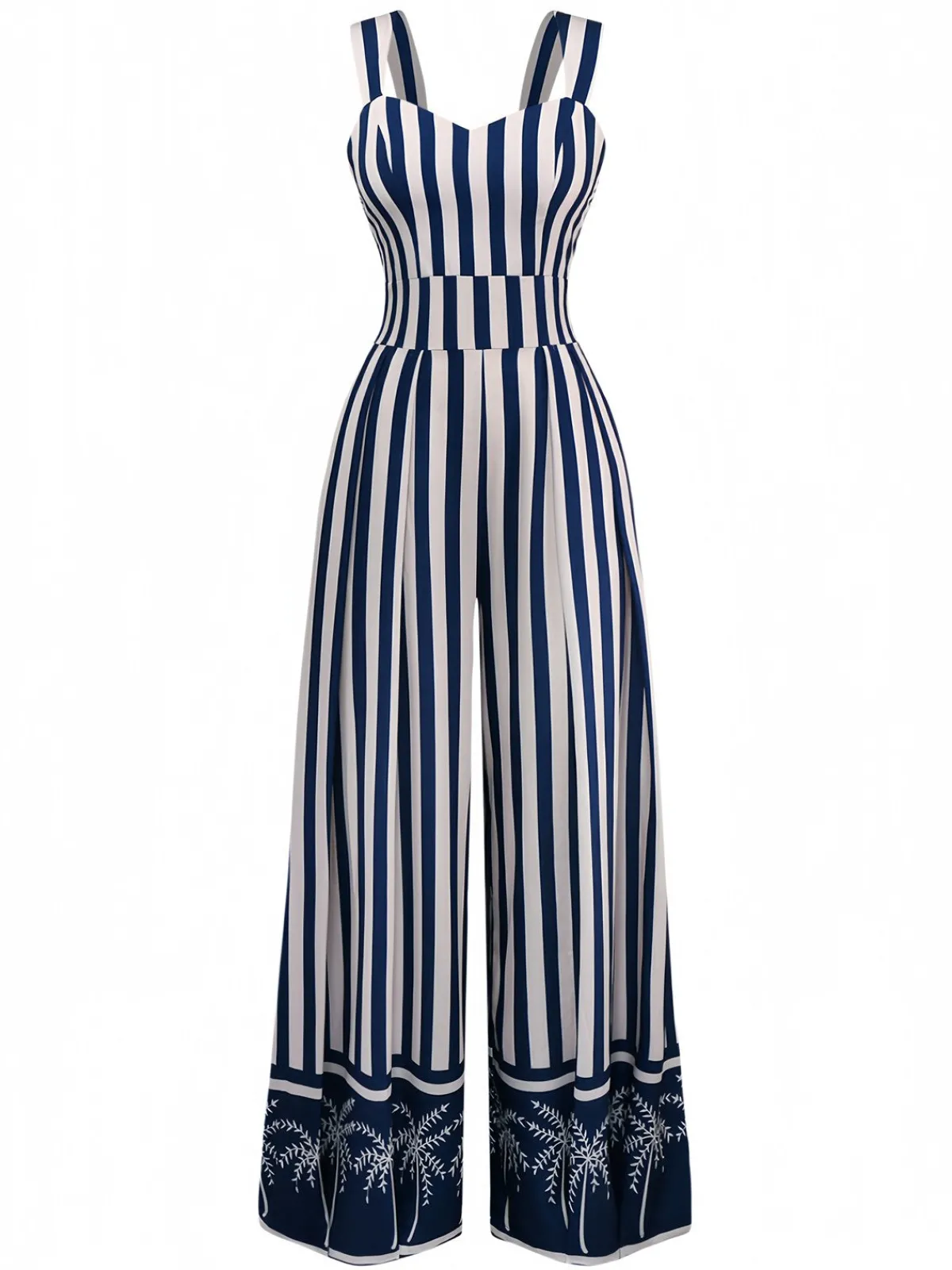 Hot Retro Stage 1930s Vertical Stripes Palm Trees Jumpsuit Blue