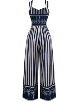 Hot Retro Stage 1930s Vertical Stripes Palm Trees Jumpsuit Blue